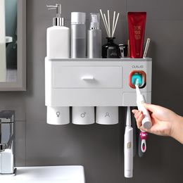 Bathroom Tooth brush Holder Magnetic Inverted Toothpaste Dispenser Wall Mount Makeup Storage Rack Bathroom Accessories Set LJ201204