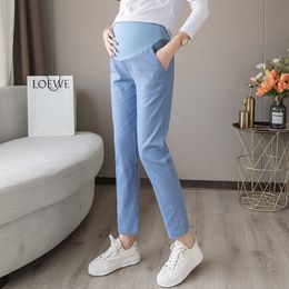 1809# Spring Thin Cotton Linen Maternity Pants Casual Belly Pants Clothes for Pregnant Women 9/10 Length Pregnancy Trousers LJ201114