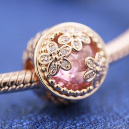 Rose Gold Metal Plated Sparkling Pink Daisy Flower Charm Bead For European Pandora Jewelry Charm Bracelets
