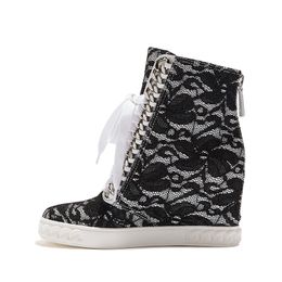 Black Flower Lace Metal Silver Chains Ankle Boots Bandage Up Sneaker Height Increased Thick Sole Women Round Toe Zipper Woman High Top shoes