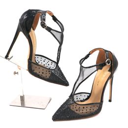 Hot sale- fashion Designer pumps pointy toe heels black crystal rhinestone mesh gauze T strap with black patent leather women lady 12cm