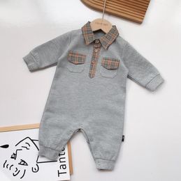 Cute Baby Boys Gentleman Rompers Cotton Newborn Long Sleeve Plaid Jumpsuits Spring Autumn Kids Infant Turn-Down Collar Romper Toddler Onesies 0-24 Months