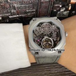 New Titanium Steel Case Octo Finissimo Tourbillon 102719 Skeleton Dial Automatic Mens Watch Grey Leather Strap Gent Sport Watches