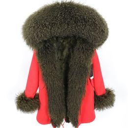 Cold hardiness women warm parkas dark green Mongolia sheep fur trim placket mukla furs brand rabbit fur lining red long jacket