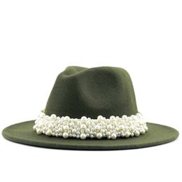 New Women Men Wool Fedora Hat With Pearl Ribbon Gentleman Elegant Lady Winter Autumn Wide Brim Church Panama Sombrero Jazz Cap Y200110