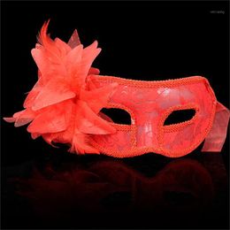 carnival flowers Canada - Party Masks Venetian Eye Mask Feather Lace Flower Masquerade Ball Carnival Fancy Dress (red)1