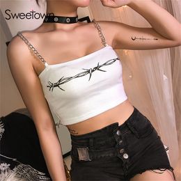 Sweetown Floral Print Strapless Sexy Crop Summer Tops For Women Fitness Activewear White Metal Chain Straps Cami Top Camisole LJ200818