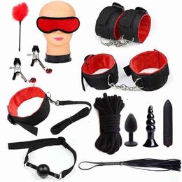 Nxy Sex Adult Toy Erotic Bdsm Bondage Kits Handcuffs Whip Gag Nipple Clamps Anal Plug Bullet Vibrator Toys for Couples Sm Games 1225
