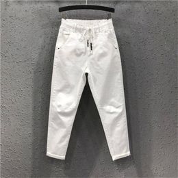 Spring Summer Women Cotton Denim Pants Plus Size Elastic Waist Loose Harem Pants Female Casual Ankle-length White Jeans D317 201223