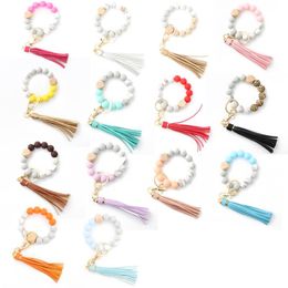 Wood Beads Bracelet Keyring Women bead wrist key chain Silicone Keychain For Keys Tassel Accessories Multicolor Handbag Car Charms Pendant J