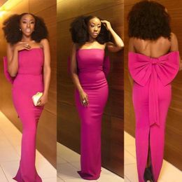 African Fuchsia Black Girls Sheath Prom Dress Strapless with Big Bow Evening Party Dresses Backless Back Slit robes de bal vestidos de fiest