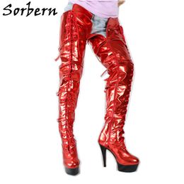 Sorbern Metallic Royal Blue Boots Stripper Pole Wide Calf Thigh High Boots Drag Queen Heels Women Size 12 Shoes Thick Heels