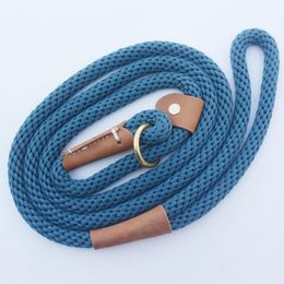 High quality Handmade Leather dog lead Pet Products Nylon Remington Rope Slip Dog Leash, 5-Feet, Blue color LJ201109