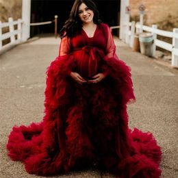 Dark Red Maternity Ruffles Maternity Dress Plus Size Night Robe Photography Dress For Women Party Sleepwear Bridal Nightgown Robes