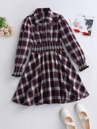 Girls Tartan Shirred Waist Bishop Sleeve Shirt Dress SHE