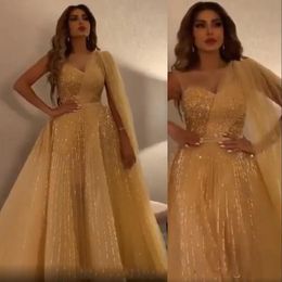 2021 Gold Sparkly Sequins Prom Dresses Tulle One Shoulder Floor Length Custom Made Arabic Evening Gown Formal Occasion Wear Vestidos