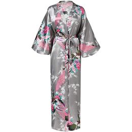 Exquisite Print Flower Women Robe Kimono Gown Elegant Grey Long Bathrobe Gown Satin Soft Material Bride Wedding Robe Sleepwear Y200429