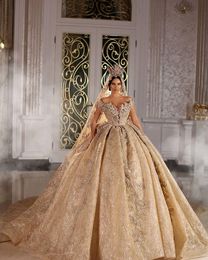 2021 Shinny Ball Gown Wedding Dresse Champagne Off Shoulder Luxury Crystal Beaded Saudi Arabian Dubai Bridal Gown Plus Size