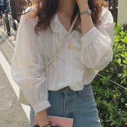 2020 Korean Style Solid Cotton Simple Womens Tops and Blouses Sweet Ruffled V-neck Long Sleeve Shirt Women Ladies Tops LJ200831