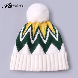 Autumn Winter Wool Beanie Hat With Faux Fur Pompon Fashion Casual Colourful Striped Soft Cap Outdoor Thick Warm Beanies in Style Y201024