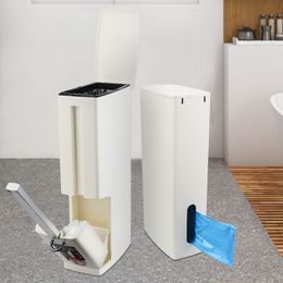 3in1 Waste Bin Trash Can With Toilet Brush Dustbin For Bathroom Narrow Trash Bucket Plastic Garbage Bag Holder Rubbish Container Y200429
