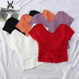 2020 Summer Crop Top Women Knit T-shirt Female Open Back Cross Sexy Crop Tops Ladies Cotton Tees Solid Short Sleeve Tshirt Women1