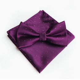 silver handkerchief UK - Groom Ties Silk Bowtie Handkerchief Sets for Mens Wedding Silver Polka Dots Printed Bow Ties Set