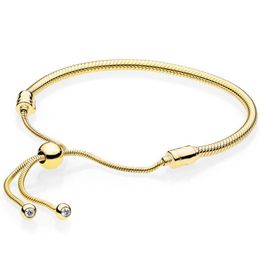 925 Sterling Silver Gold Colour Tennis Sparkling Strand Adjust Pan Bracelet Bangle Fit Women Bead Charm Diy Europe Jewellery