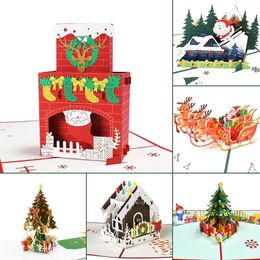 Merry Christmas Cards Christmas Tree Winter Gift Pop Up Cards Christmas Decoration Stickers Laser Cut New Year Greeting Cards