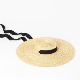 RH Natural black Color Flat Top Summer Beach Fedora Hat Wide Brim Sunshade Short height Wheat Straw hat with stripe Y200714