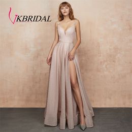VKbridal Homecoming Dresses with Pocket V neck Sparkle A-Line Prom Party Gowns Long for Girls Plus High Slit Evening Dress 201113