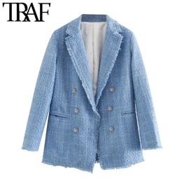 TRAF Women Fashion Office Wear Double Breasted Tweed Blazer Coat Vintage Long Sleeve Frayed Female Outerwear Chic Tops LJ201021