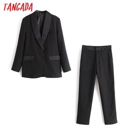 Tangada 2020 women black party blazer suit 2 piece set female notched collar jacket ladies blazer Pants Sets LJ200907
