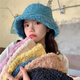 Wide Brim Hats Fashion Lamb Faux Fur Bucket Hat Thickened Warm Teddy Velvet Winter Plush Fisherman For Women Lady Outdoor Adjustable1