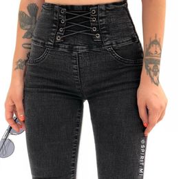 New Women Gothic Sexy Jeans Fashion Streetwear Hight Waist Punk Long Skinny Pants 201030