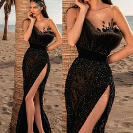 Sequined Black Evening Dresses Sheer Neck See Through Beading Party Gown Sexy Thigh Split vestidos Prom Dress