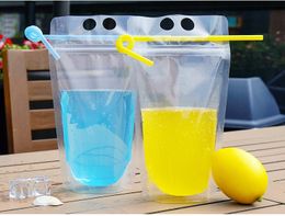 17oz 500ml Clear Drink Pouches Bags Frosted Zipper Stand-up Plastic Drinking Bag with Holder Reclosable Heat-Proof WB3165