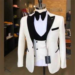 2 Piece Men Suits White And Black Newest Modern Formal Embossing Customised Fit Lapel Party Coat+Vest Casual Party Outfit