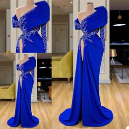 Luxury Blue Evening Dresses One Shoulder Appliqued Lace Beads Sequins Prom Dresses Sweep Train Side Split Mermaid Pageant Formal Party Dress