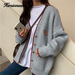 Hirsionsan V Neck Knitted Cardigan Women Spring Elephant Embroidery Graphic Sweater Chic Korean Oversized Ladies Clothes 201030