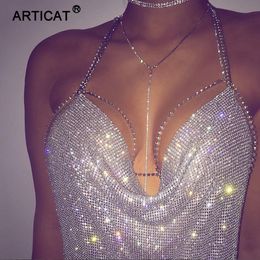 Articat Full Crystal Diamond Crop Tops Deep V Neck Backless Halter Tank Summer Beach Party Bralette Cropped Women Tank Tops Y200701