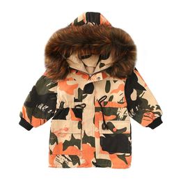 Emmababy Free Shipping Winter Baby Girls Parkas Coat Camouflage Print Long Sleeve Zipper Hooded Fur Warm Thick Jacket LJ201124