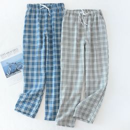 Men's Cotton Gauze Trousers Plaid Knitted Sleep Pants Mens Pajamas Pants Bottoms Sleepwear Pajama Short for Men Pijama Hombre 201023
