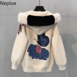 Neploe Imitation Water- Velet Short Hood Chaqueta Mujer Autumn Winter Embroidery Floral Thick Jacket Sweet Cardigans Coat 46339 201210