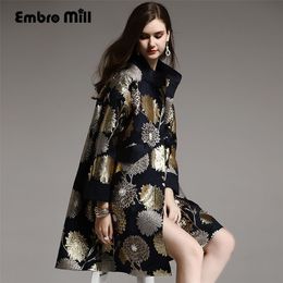 Vintage royal spring autumn coat woman elegant lady loose black/blue Chinese style floral beading trench coat female M-XXL 201031