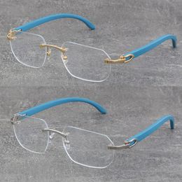 Design Classical Model Rimless Metal Blue Wood Frames Transparent Myopic Frame Optical Wooden 18K Gold New Frame Fashion High Quality Glasses 012 Eyewear Size:58