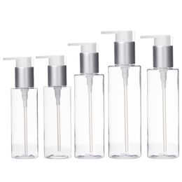 Packing Plastic Clear Bottle Flat Shoulder Matte Silver Collar Lotion Pump Bring Card Buckle Empty Cosmetic Refillable Container 100ml 120ml 150ml 200ml 250ml