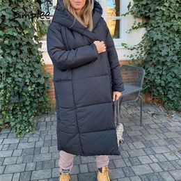Simplee Fashion autumn winter warm coat women Casual Hooded with belt long coat parkas female High street pocket loose coat 201217