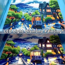 AZQSD Diamond Painting Scenic LED Light Framed Full Round Drill 5D DIY Diamond Mosaic City Tram Full Set Wall Art 40x50cm 201112