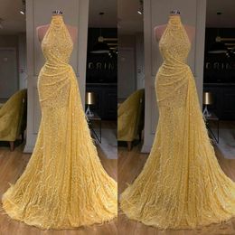 Glitter New Bling Mermaid Evening Dresses Sexy Feather High Neck Sleeveless Yellow Sequins Sequined Lace Formal Party Dress Prom Gowns 403